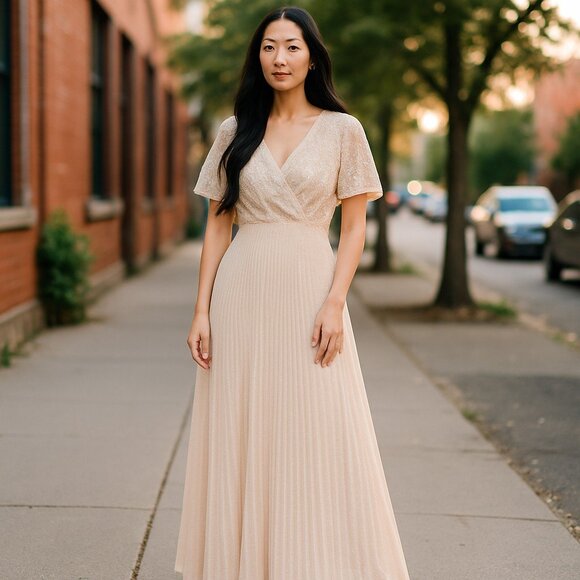 NWT $249 DKNY Chiffon Gown Sequin Embellished Pleated Vanilla Ivory - Picture 1 of 9